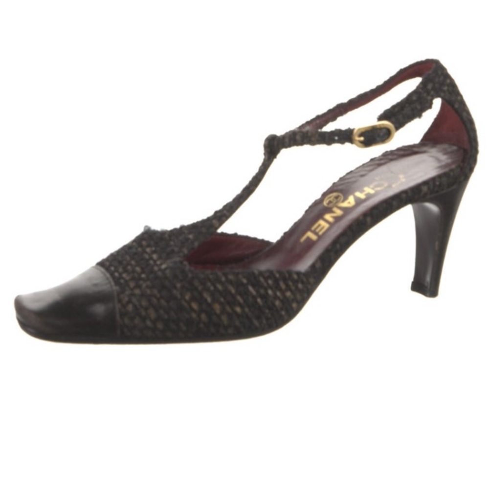 Chanel t-strap vintage tweed heels size 5.5, 35.5